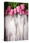 Pink Tulips over Wooden Table-oksix-Stretched Canvas