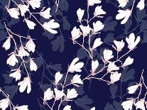 Magnolia Flower Vector Illustration. Seamless Pattern with White Flowers on a Navy Blue Background.-PinkCactus-Laminated Art Print