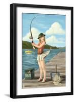 Pinup Girl Fishing on Lake-Lantern Press-Framed Art Print