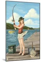 Pinup Girl Fishing on Lake-Lantern Press-Mounted Art Print