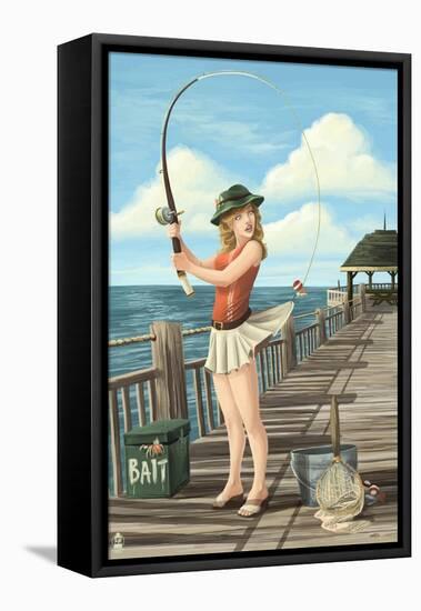 Pinup Girl Fishing on Ocean-Lantern Press-Framed Stretched Canvas