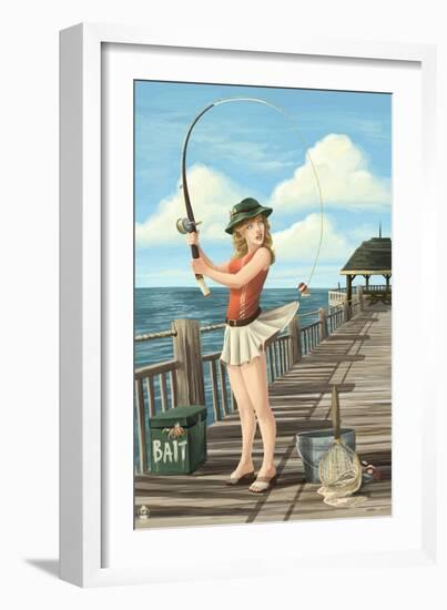 Pinup Girl Fishing on Ocean-Lantern Press-Framed Art Print