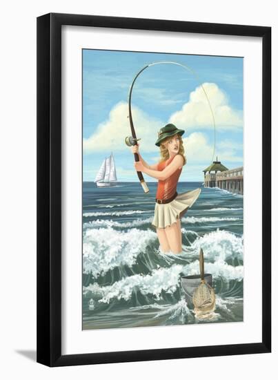 Pinup Girl Fishing-Lantern Press-Framed Art Print