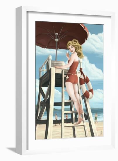 Pinup Girl Lifeguard-Lantern Press-Framed Art Print