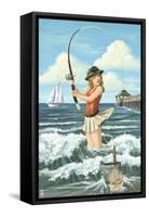 Pinup Girl Surf Fishing-Lantern Press-Framed Stretched Canvas