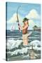 Pinup Girl Surf Fishing-Lantern Press-Stretched Canvas