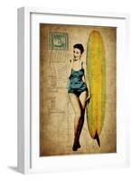 Pinup Girl Surfing-GI ArtLab-Framed Premium Giclee Print