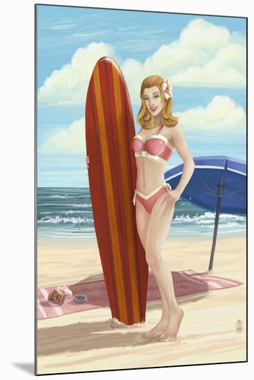 Pinup Girl Surfing-Lantern Press-Mounted Art Print