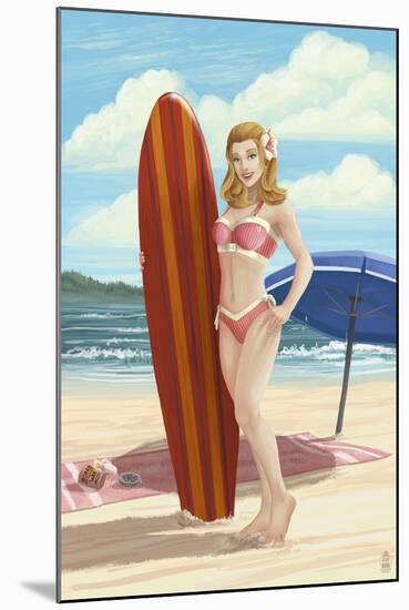 Pinup Girl Surfing-Lantern Press-Mounted Art Print