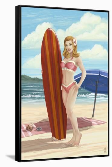 Pinup Girl Surfing-Lantern Press-Framed Stretched Canvas