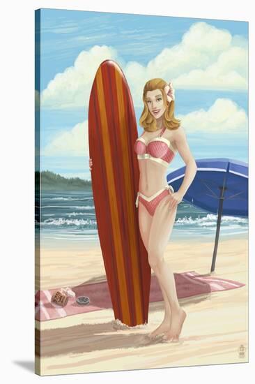 Pinup Girl Surfing-Lantern Press-Stretched Canvas