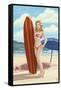 Pinup Girl Surfing-Lantern Press-Framed Stretched Canvas