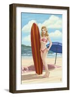 Pinup Girl Surfing-Lantern Press-Framed Art Print