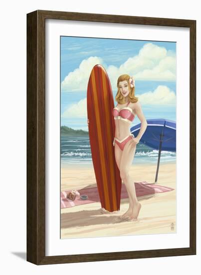 Pinup Girl Surfing-Lantern Press-Framed Art Print