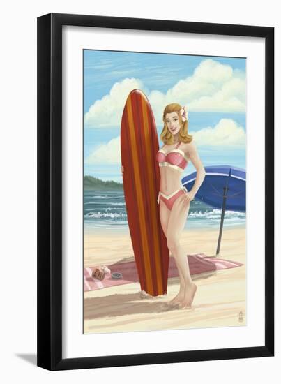 Pinup Girl Surfing-Lantern Press-Framed Art Print