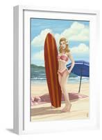 Pinup Girl Surfing-Lantern Press-Framed Art Print