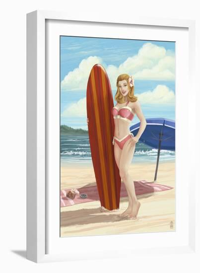 Pinup Girl Surfing-Lantern Press-Framed Art Print