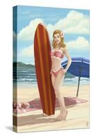 Pinup Girl Surfing-Lantern Press-Stretched Canvas