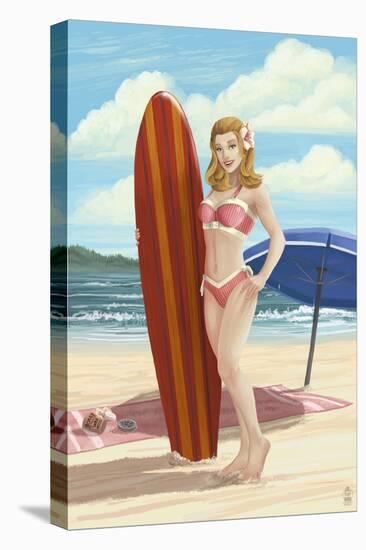 Pinup Girl Surfing-Lantern Press-Stretched Canvas