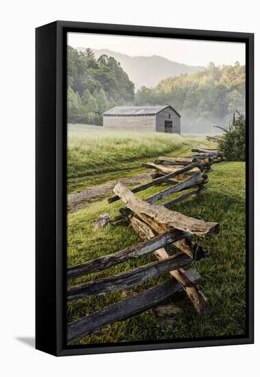 Pioneer's Barn, Split Rail Fence, Cades Cove, Great Smoky Mountains National Park, Tennessee, USA-null-Framed Stretched Canvas