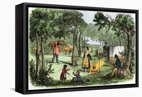 Pioneers' Camp at Sunset Along the Oregon Trail, 1850s-null-Framed Stretched Canvas