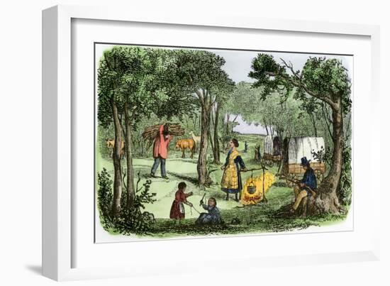 Pioneers' Camp at Sunset Along the Oregon Trail, 1850s-null-Framed Giclee Print