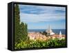 Piran, Primorska, Slovenia. Overeall view of the town and of St. George's cathedral from the Tow...-null-Framed Stretched Canvas