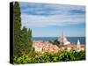 Piran, Primorska, Slovenia. Overeall view of the town and of St. George's cathedral from the Tow...-null-Stretched Canvas