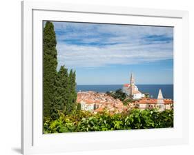 Piran, Primorska, Slovenia. Overeall view of the town and of St. George's cathedral from the Tow...-null-Framed Photographic Print