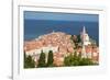 Piran, Primorska, Slovenia. Overeall view of the town and of St. George's cathedral from the Tow...-null-Framed Photographic Print