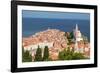 Piran, Primorska, Slovenia. Overeall view of the town and of St. George's cathedral from the Tow...-null-Framed Photographic Print