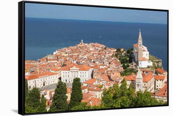 Piran, Primorska, Slovenia. Overeall view of the town and of St. George's cathedral from the Tow...-null-Framed Stretched Canvas