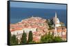 Piran, Primorska, Slovenia. Overeall view of the town and of St. George's cathedral from the Tow...-null-Framed Stretched Canvas