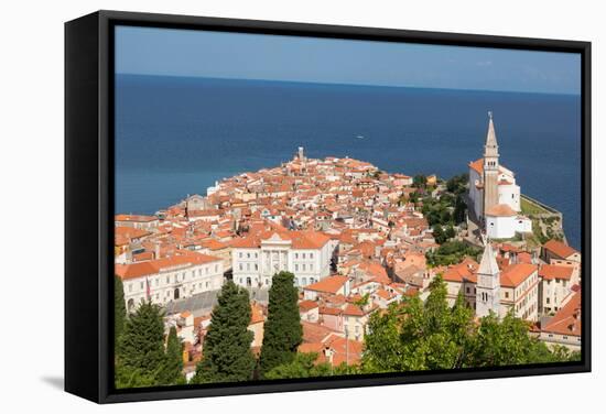 Piran, Primorska, Slovenia. Overeall view of the town and of St. George's cathedral from the Tow...-null-Framed Stretched Canvas