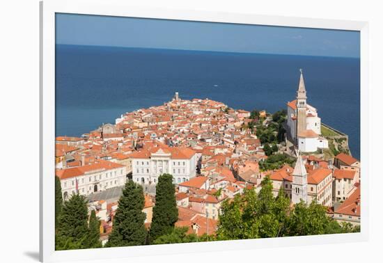 Piran, Primorska, Slovenia. Overeall view of the town and of St. George's cathedral from the Tow...-null-Framed Photographic Print