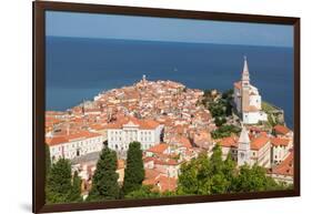 Piran, Primorska, Slovenia. Overeall view of the town and of St. George's cathedral from the Tow...-null-Framed Photographic Print