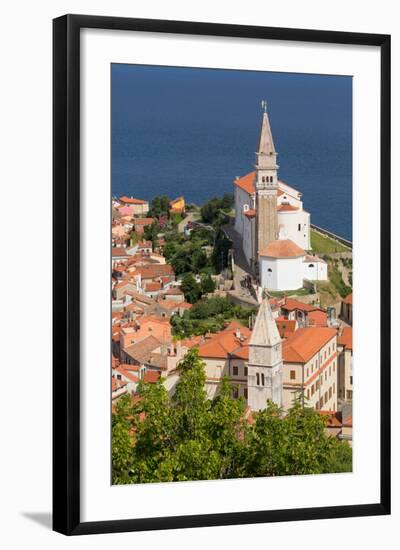 Piran, Primorska, Slovenia. Overeall view of the town and of St. George's cathedral from the Tow...-null-Framed Photographic Print