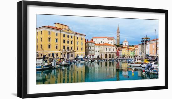 Piran, Primorska, Slovenia. View across harbour to Tartinijev trg (or square) and the spire of S...-null-Framed Photographic Print