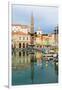 Piran, Primorska, Slovenia. View across harbour to Tartinijev trg (or square) and the spire of S...-null-Framed Premium Photographic Print