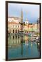 Piran, Primorska, Slovenia. View across harbour to Tartinijev trg (or square) and the spire of S...-null-Framed Premium Photographic Print