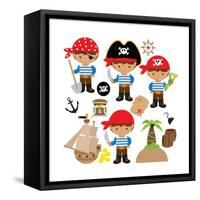 Pirate,Boy,Pirate Ship, Treasure Chest, Island, Palm Tree, Map, Skull, Jolly Roger, Parrot-Svetlana Peskin-Framed Stretched Canvas