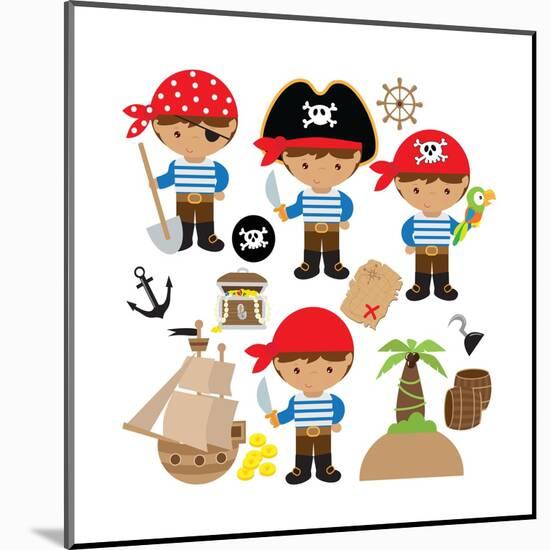 Pirate,Boy,Pirate Ship, Treasure Chest, Island, Palm Tree, Map, Skull, Jolly Roger, Parrot-Svetlana Peskin-Mounted Art Print