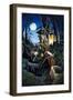 Pirate of the Caribbean with Lantern, in the Night, Hiding His Treasure in the Forest of an Island.-Alessandro Lonati-Framed Giclee Print