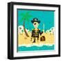 Pirate on an Island with Treasure a Pirate with His Treasure on a Deserted Island-Retrorocket-Framed Art Print