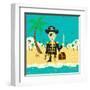 Pirate on an Island with Treasure a Pirate with His Treasure on a Deserted Island-Retrorocket-Framed Art Print