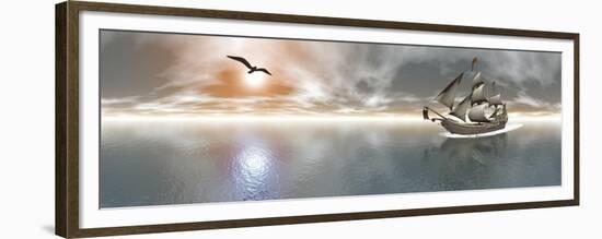 Pirate Ship Sailing the Ocean During Sunset-null-Framed Premium Giclee Print