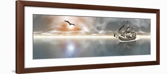 Pirate Ship Sailing the Ocean During Sunset-null-Framed Premium Giclee Print