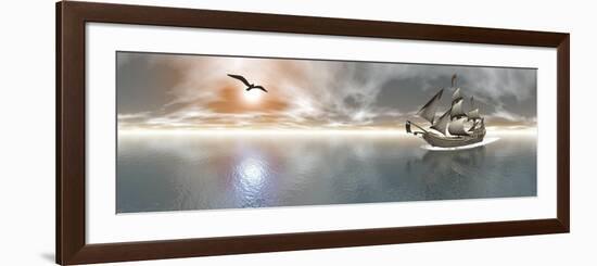 Pirate Ship Sailing the Ocean During Sunset-null-Framed Art Print