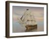 Pirate Ship with Black Jolly Roger Flag Sailing the Ocean-null-Framed Art Print