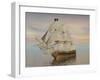 Pirate Ship with Black Jolly Roger Flag Sailing the Ocean-null-Framed Art Print